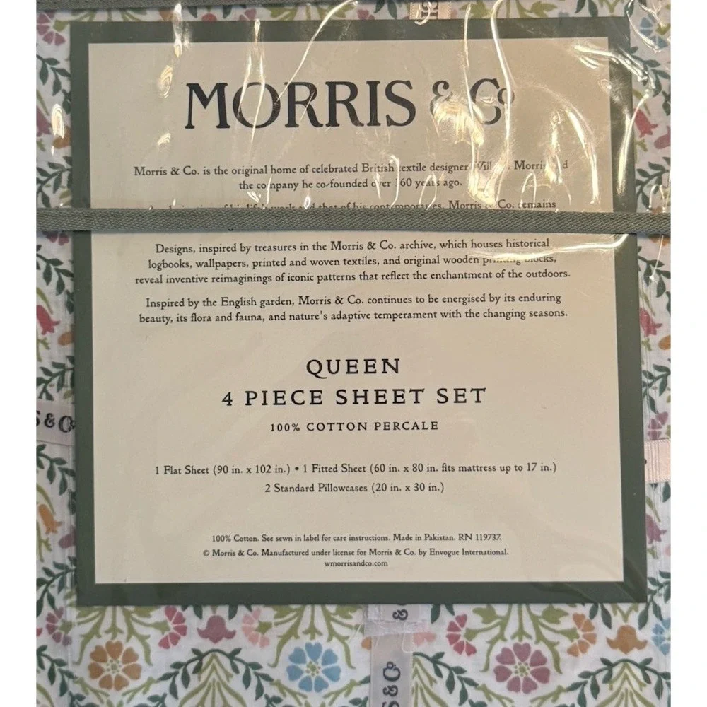 New William MORRIS & CO. Queen Sheet Set Flowers  100% Cotton